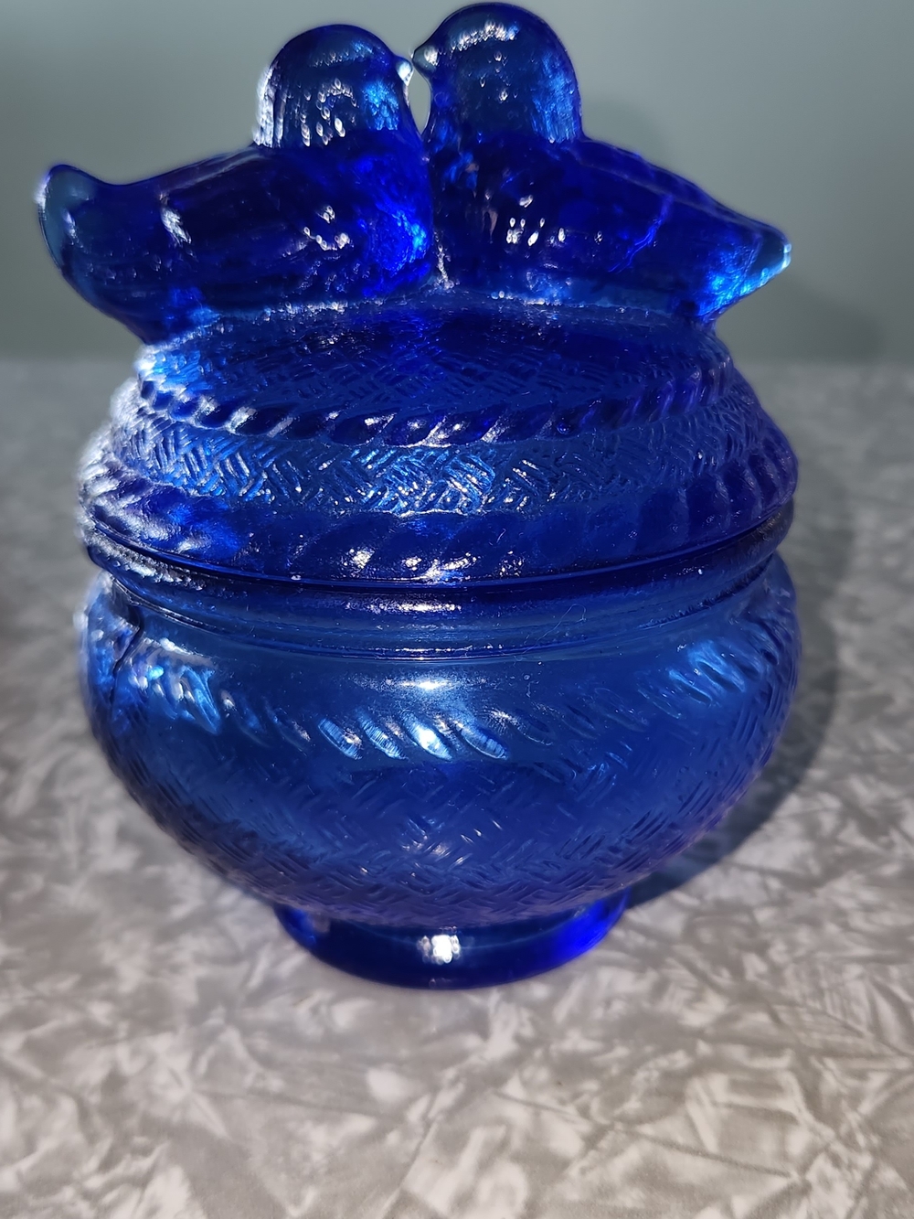 Source Unknown Deep Blue Glass Trinket Jar with Lovebird Finial